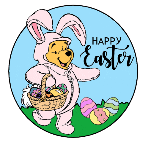 winnie the pooh is dressed as a bunny and holding an easter basket