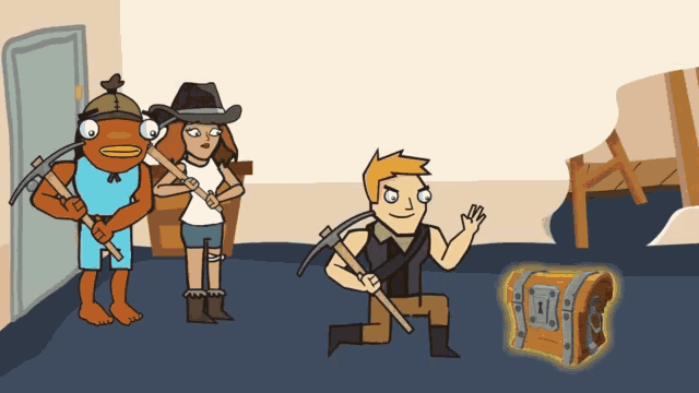 a group of cartoon characters are looking at a chest