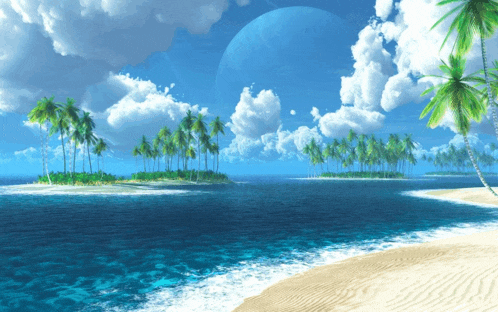 a beach with palm trees and a blue planet in the background