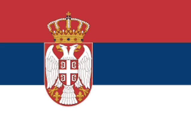 a red white and blue flag with a white eagle and a crown on top