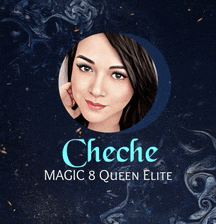 a poster for cheche magic 8 queen elite with a picture of a woman in a circle