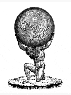 a black and white drawing of atlas carrying a globe on his shoulders