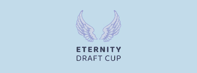 a logo for the eternity draft cup with pink wings