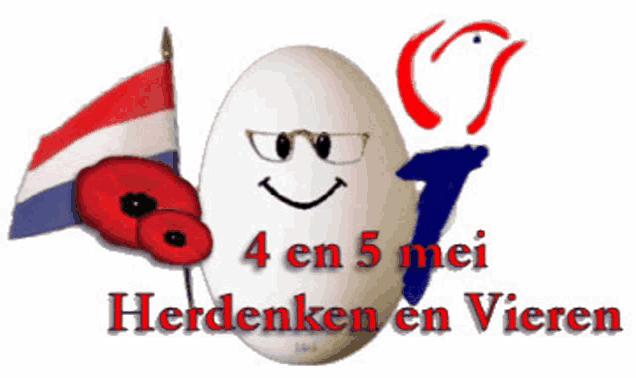 a white egg with a smiling face and the words herdenken en vieren