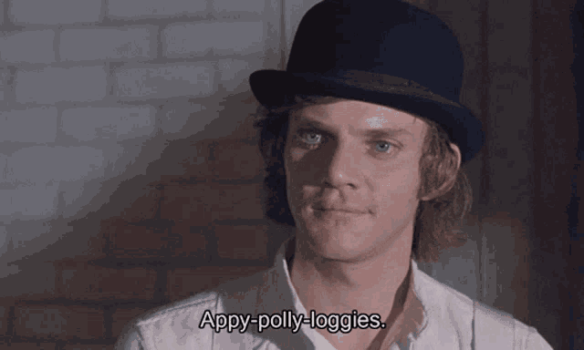 a man in a bowler hat says appy-polly-loggies