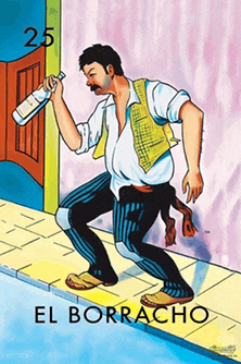 a cartoon drawing of a man holding a bottle with the words el borracho below him