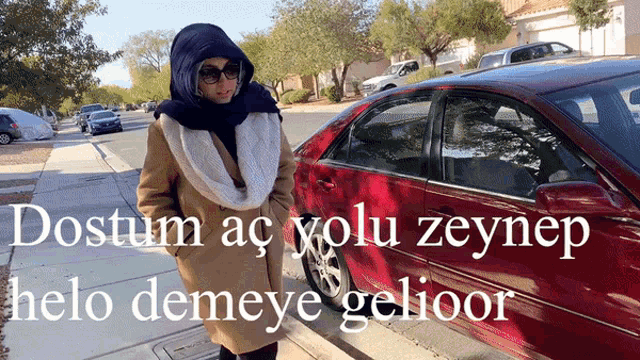 a woman standing next to a red car with the words " dostum ac yolu zeynep helo demeye gelicoor " above her