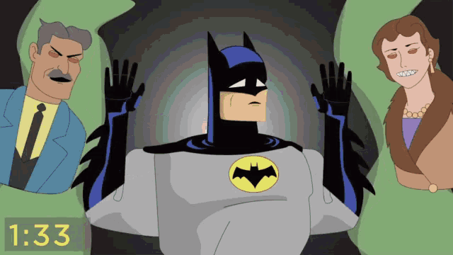 a cartoon drawing of batman with the time 1:33
