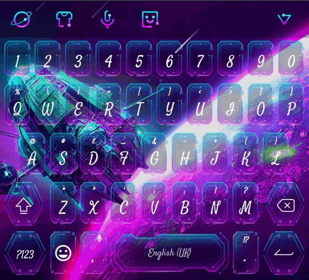 a keyboard with a purple background and the letters q w e r t y u and o