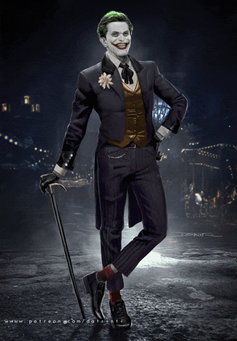 a man in a joker costume is standing with a cane in front of a dark background