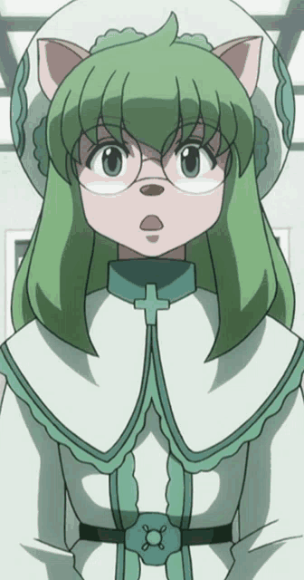 a girl with green hair and glasses has a cross on her collar