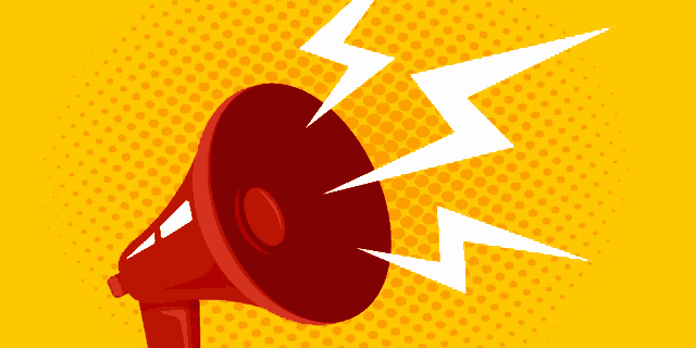 a red megaphone with white lightning bolts coming out of it on a yellow background