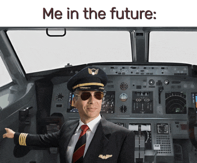 a man in a suit and tie is sitting in the cockpit of an airplane with the words me in the future below him