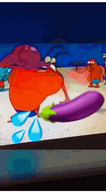 a cartoon scene with a purple eggplant being squirted with water drops