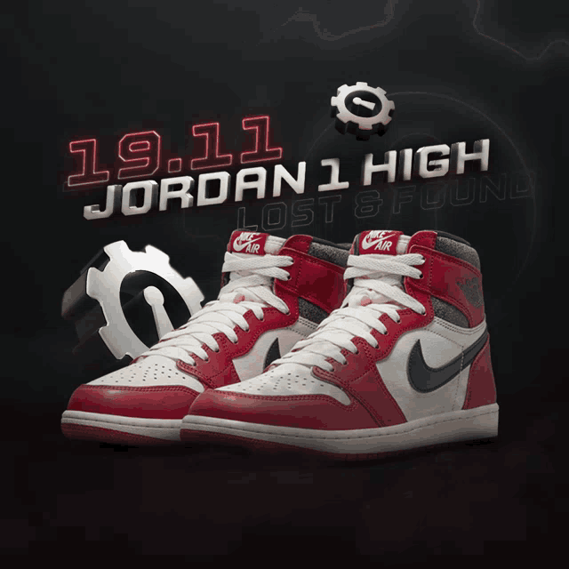 a pair of red and white nike air jordan 1 high sneakers