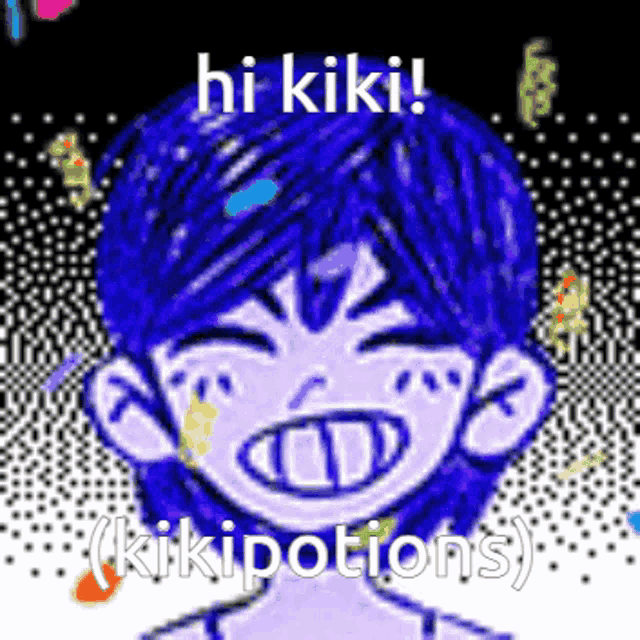 a drawing of a boy with blue hair and the words hi kiki and kikipotions