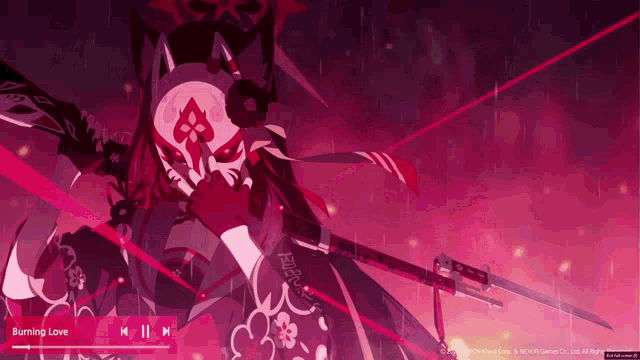 a video of a woman with a mask and a sword is titled burning love