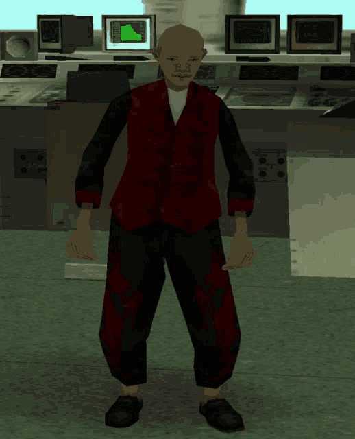 a bald man in a red jacket and black pants stands in front of a control room