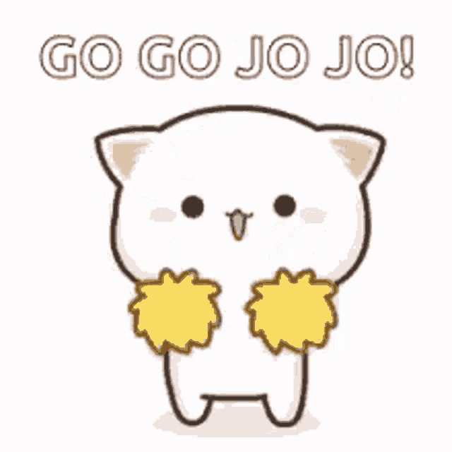 a cartoon cat is holding a yellow pom pom and saying `` go go jo jo ! ''