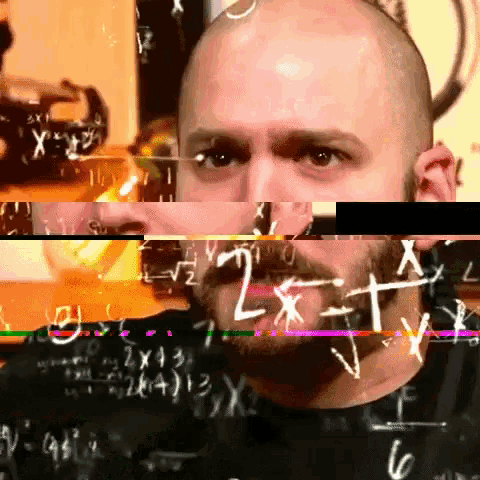 a man with a beard is surrounded by mathematical equations including 2x + y