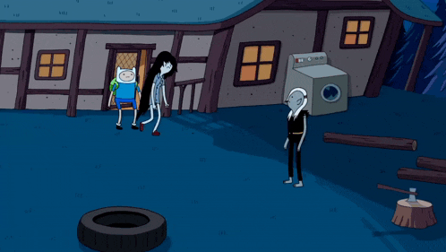 a cartoon scene with a washing machine and a tire in the foreground