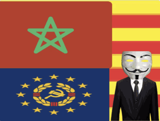 a man wearing an anonymous mask is standing in front of a collage of flags