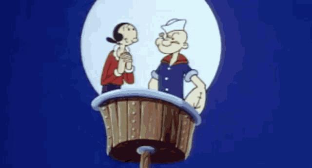 a cartoon of popeye hugging another cartoon character in a heart