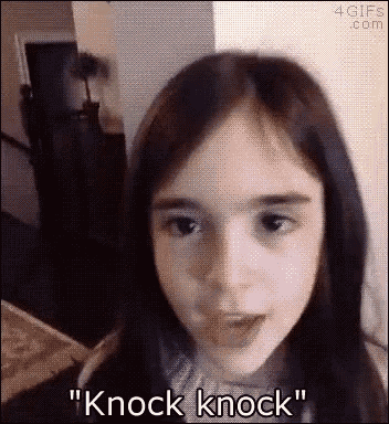 a young girl is making a funny face and saying knock knock .