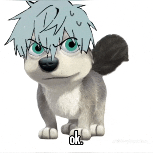 a cartoon dog with a blue hair and the word ok on its paw