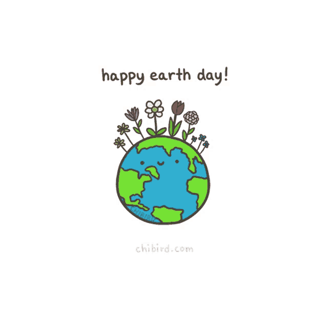 a drawing of a globe with flowers growing out of it and the words happy earth day