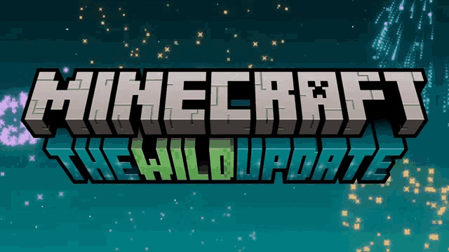 the logo for minecraft the wild update with fireworks behind it