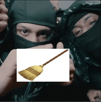 a picture of a broom being held by a man in a mask