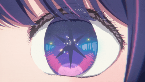 a close up of a girl 's eye with a star reflection