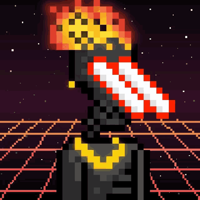 a pixel art of a flame coming out of a rocket