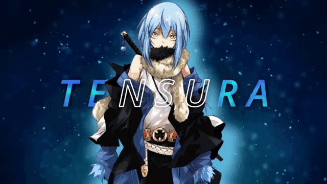 a picture of a blue haired anime character with the word tensura written above him