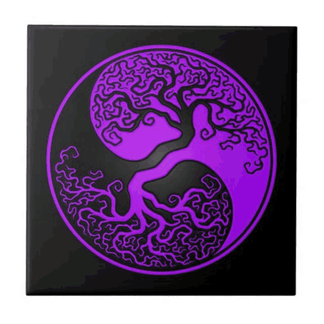 a purple and black tree of life is in a circle on a black tile .