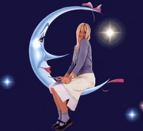 a woman sits on a cartoon crescent moon with a star in the background