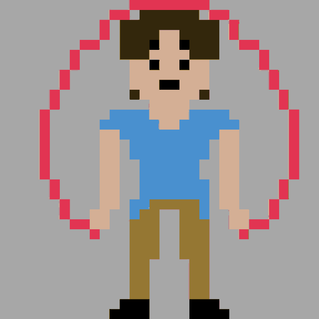 a pixel art of a man in a blue shirt and brown pants with a red circle around his head .