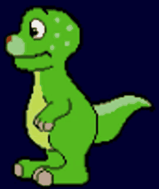 a green dinosaur with a red nose is standing on its hind legs .