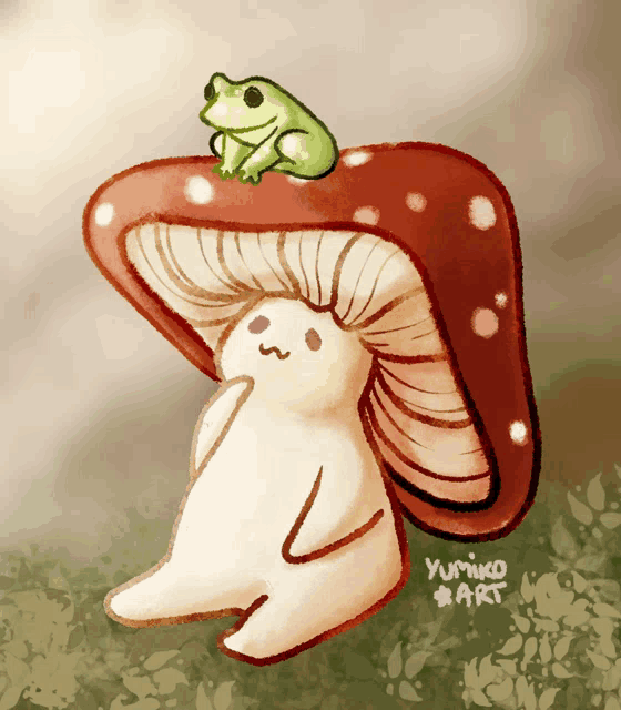 a frog is sitting on top of a mushroom with the name yumiko art written below it