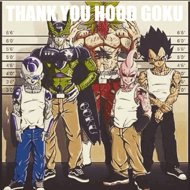 a group of cartoon characters standing next to each other with the words `` thank you hood goku '' written on the bottom .