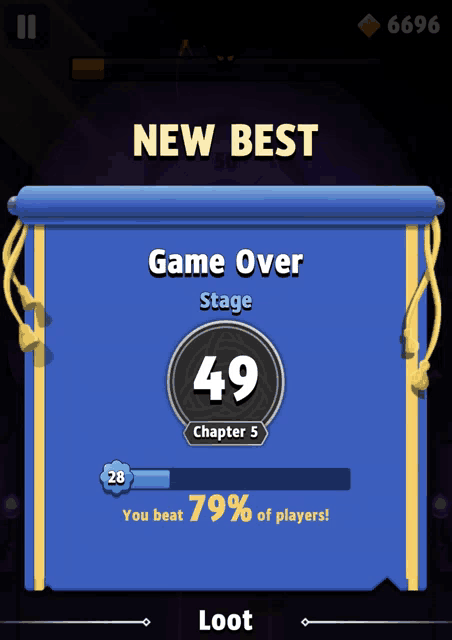 a screenshot of a game that says ' new best game over stage 49 chapter 5 loot '