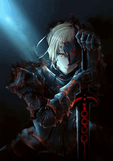 a knight in armor holds a sword with a red stripe on it that says 000