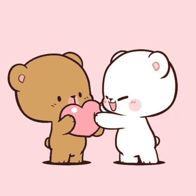 a brown teddy bear is giving a white teddy bear a heart on a pink background