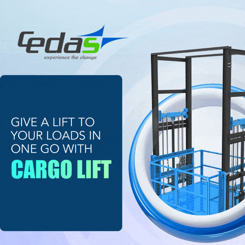 a cargo lift is shown on a blue background with the words " give a lift to your loads in one go with cargo lift "