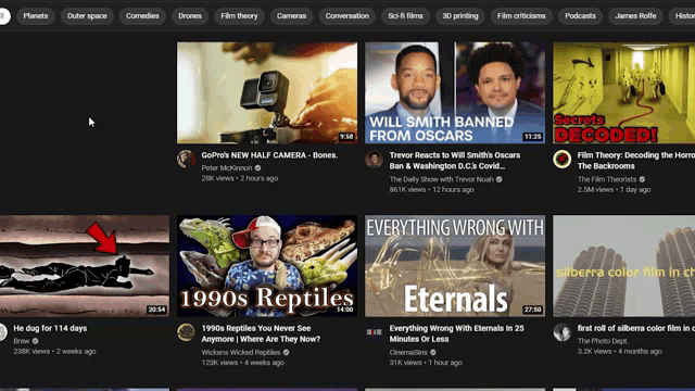 a screenshot of a youtube page shows various videos including 1990s reptiles and everything wrong with eternals