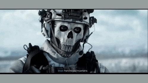 a soldier with a skull on his helmet says ghost that 's the one i 'm partial to ..