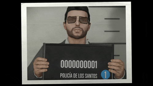 a man wearing sunglasses is holding a sign that says policia de los santos on it