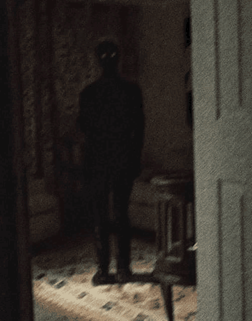 a silhouette of a person with glowing eyes is standing in a dark room