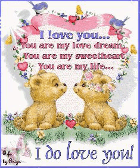 a greeting card with two teddy bears and the words " i love you " on the bottom